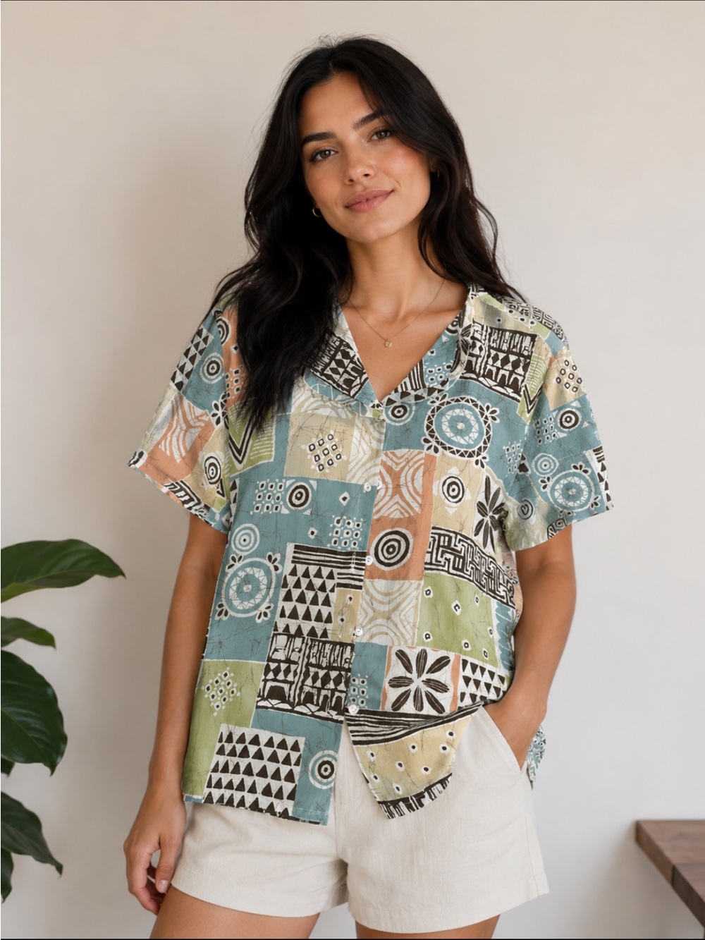 Women’s vintage Alfred dunner Print Button-Up Shirt in Blue, Green, Tan size 14